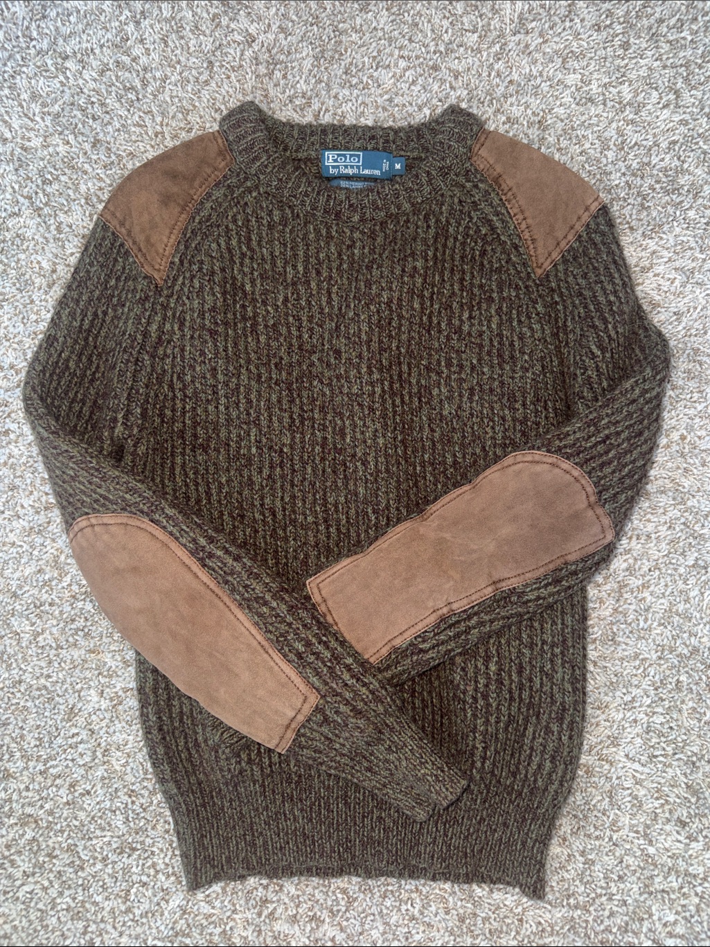Polo By Ralph Lauren Olive Crewneck Sweater With Tan Suede Elbow Patches